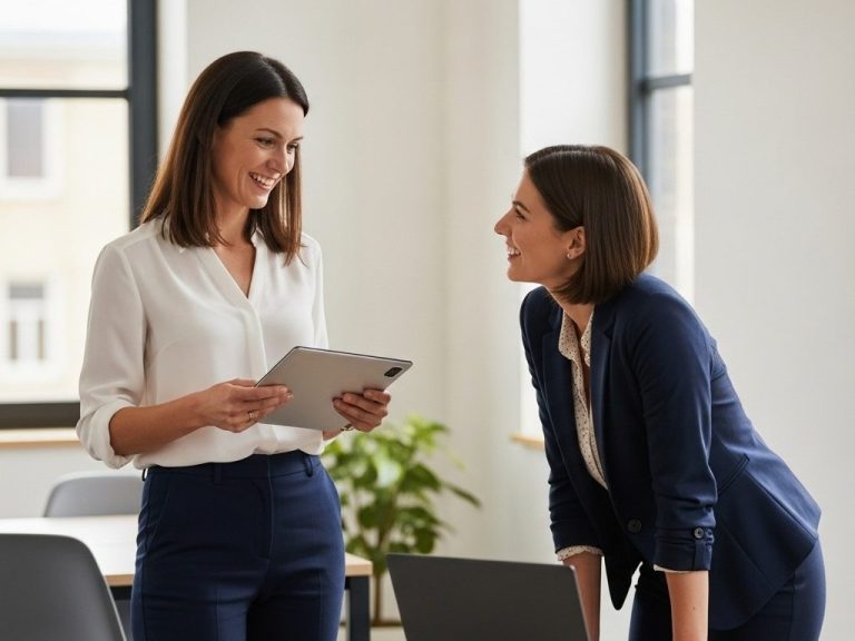 Angebotsbild Zwei Frauen in einem modernen Büro, eine hält ein Tablet und lächelt, die andere lehnt sich vor.
