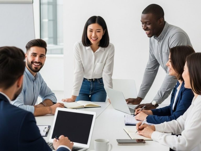 Seminarbild Eine Gruppe von Menschen bei einem Meeting, lachend und diskutierend am Tisch.
