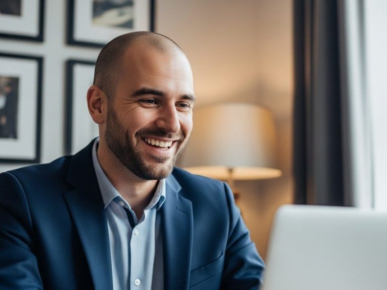 Beratungsbild Lächelnder Mann im Anzug sitzt am Schreibtisch und schaut auf einen Laptop.